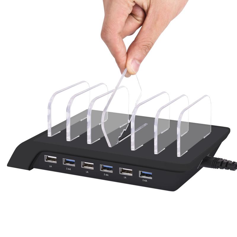 USB-Ladestation, 6-Port-Universal-Desktop-Dockingstation mit abnehmbaren Leitblechen, Ständer-Organizer