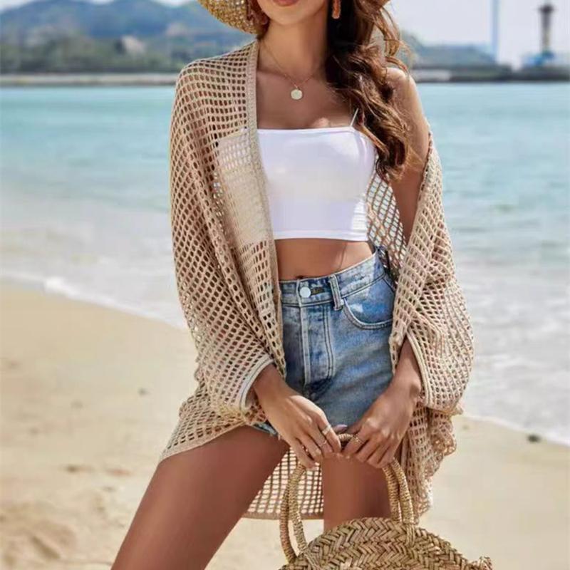 Women Sun Protection Shawl Lady Summer Hollow Out Knit Cardigan Holiday Solid Bikini Blouse Breathable Beach Cape Sexy Tippet Tops