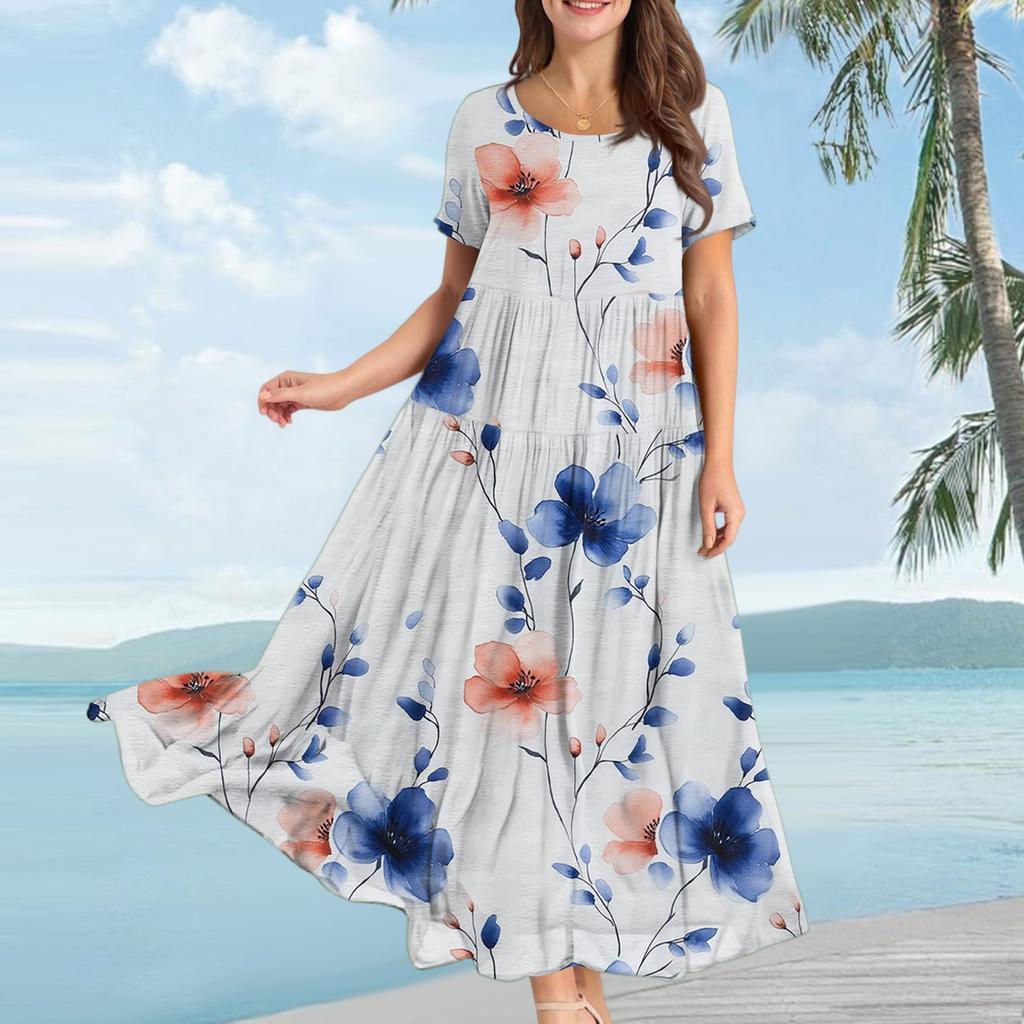 Women's Casual Loose Bohemian Floral Print Short Sleeve Dress