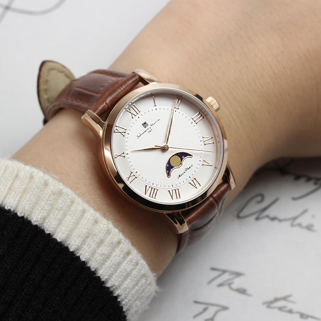Salvatore Marra Women's Moon Phase Watch, Model SM26151, 34mm, Pink Gold & Silver, Leather Strap, Limited Edition