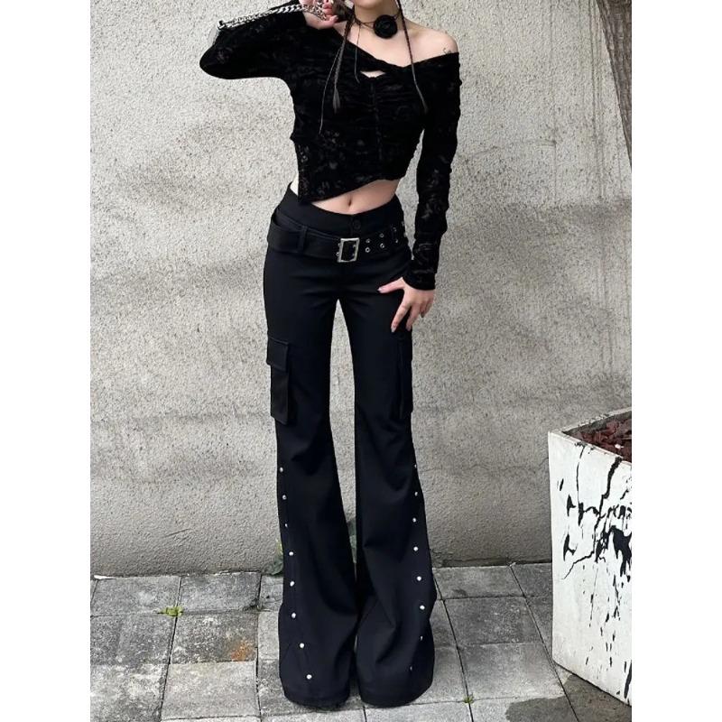 Pantaloni Svasati Basso Vita Decorativi Sottili Neri Rivettati Design Retro Y2k Harajuku Goth Donna