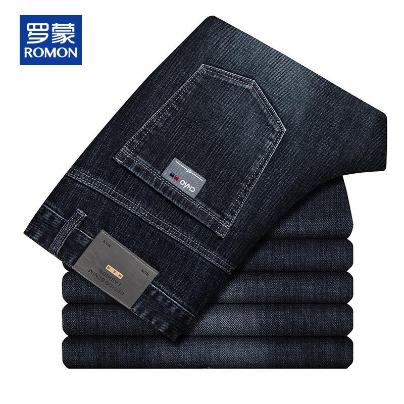 ROMON Men's Thick Autumn/Winter Stretch Straight-Leg Jeans
