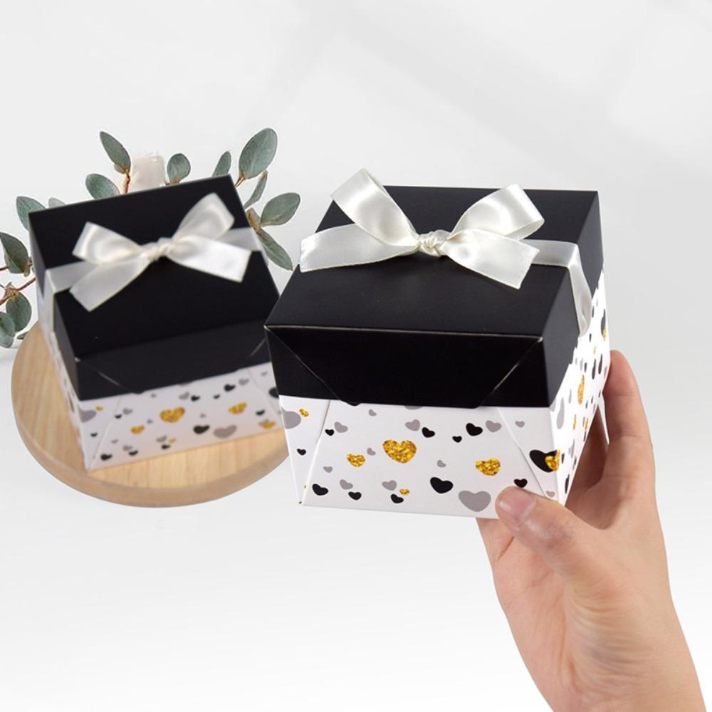 10pcs Gift Boxes with Lids Square Treat Boxes with White Ribbon Paper Party Favors Boxes Candle Boxes Elegant Black & White Gift Boxes