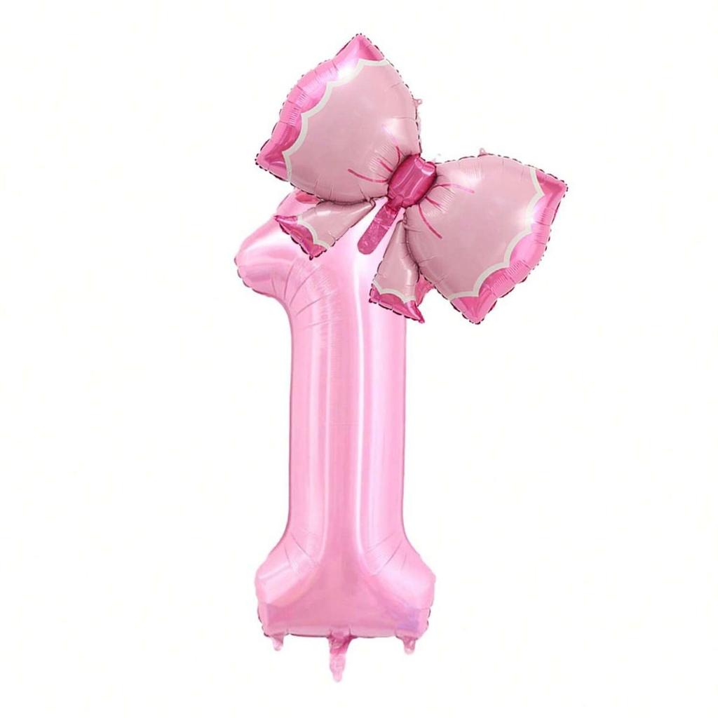2pcs/Set 32" Pearlescent Pink Number & Bow Foil Balloon, Suitable For Birthday, Valentine's Day, Anniversary Party Decorations
