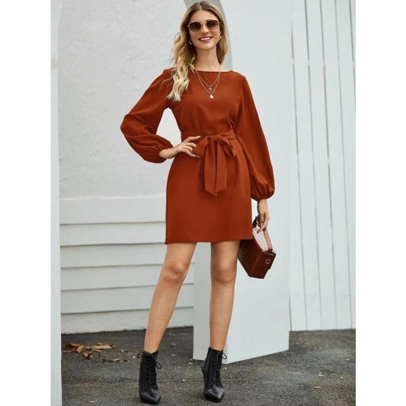 Spring and Autumn Women's Mid-length Long Pure Colour Temperament Commuting Thin Set Head High Waist Dress