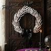 Bone Rattan Decoration Halloween Skeleton Hand Wreath for Front Door, Gothic Spooky Hanging Garland Scary Door Decor with Black Bow And Skulls