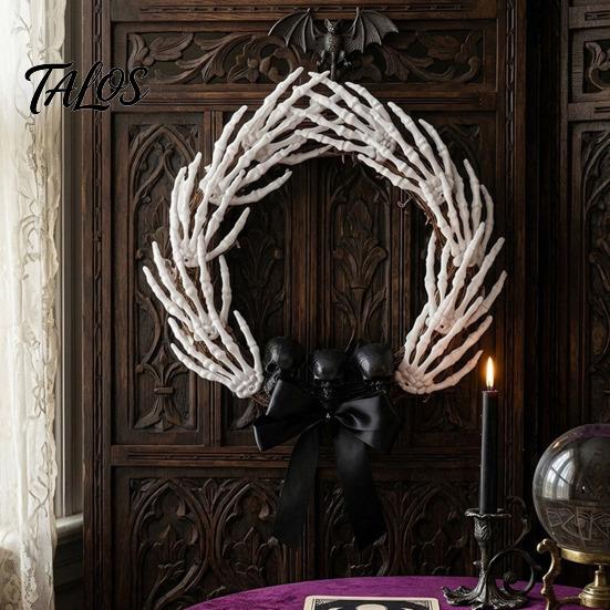 Bone Rattan Decoration Halloween Skeleton Hand Wreath for Front Door, Gothic Spooky Hanging Garland Scary Door Decor with Black Bow And Skulls