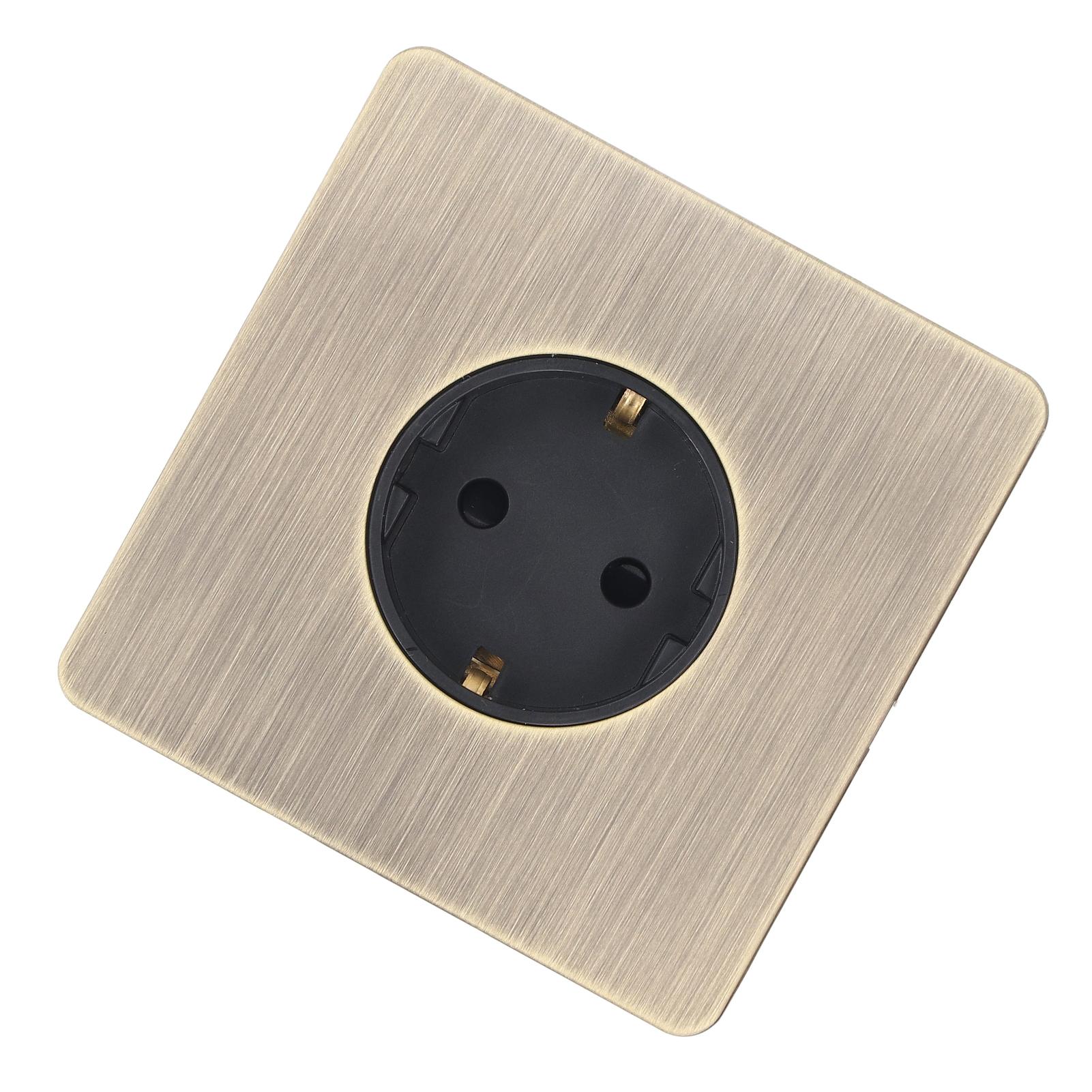 

Настінна розетка прихованого монтажу одинарна 16А вогнестійка антична латунь панель з нержавіючої сталі