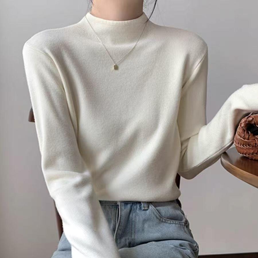 Simple Long-Sleeve Knit Sweater: Versatile Solid Color, Half-High Collar, Perfect for Autumn and Winter