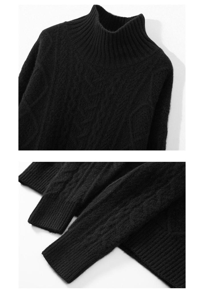 Heavyweight High-Neck Cashmere Sweater: Women's Retro Autumn/Winter Loose Cable Knit Base Layer