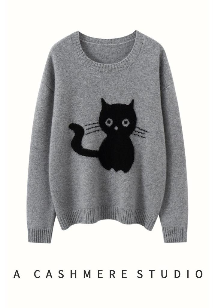 2025 Autumn/Winter Women's Cashmere Kitten Jacquard Long Sleeve Sweater - Round Neck
