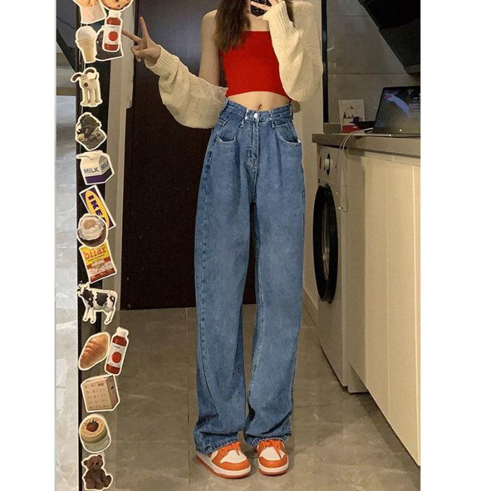 Classic Style Small Jeans for Women In Spring and Autumn Updated Narrow Version High-Waist Straight Relaxed Fit Wide-leg Pants
