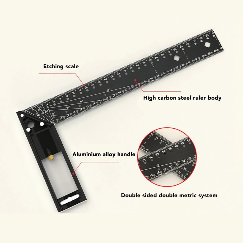 Right Angle Ruler Lightweight  Combination 12in 45 90 Degree Multi Angle Measuring Ruler Non Fall Off for Woodworking