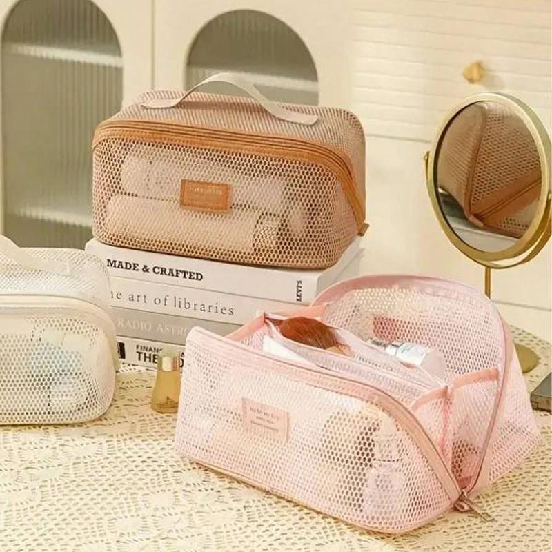 Large Capacity Nylon Mesh Makeup Bag, Breathable Multi-Layer Cosmetic Organizer Fashion Travel Wash Bag Compartments For Toiletries And Makeup Tools