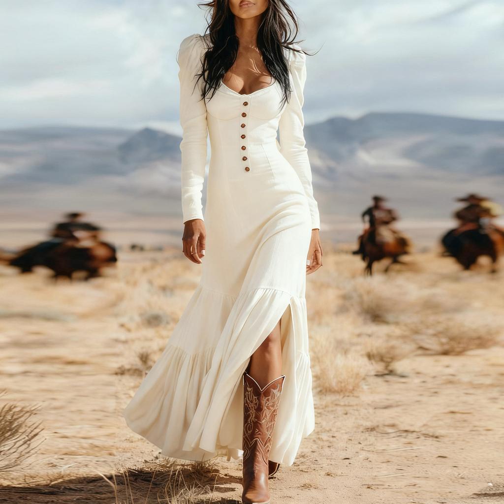 Women's Fashion Western Buttoned Gathered Long Sleeve Sexy Maxi Dress