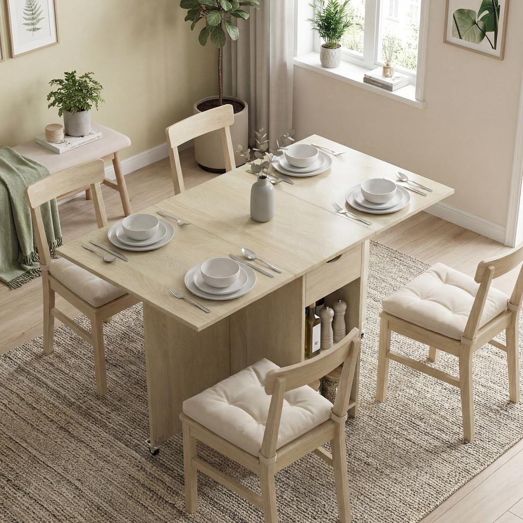 Klappbarer Esstisch für 2-4 Personen, Rollbarer Tisch mit offenem Fach und Schublade, Ideal für kleine Räume, Natur