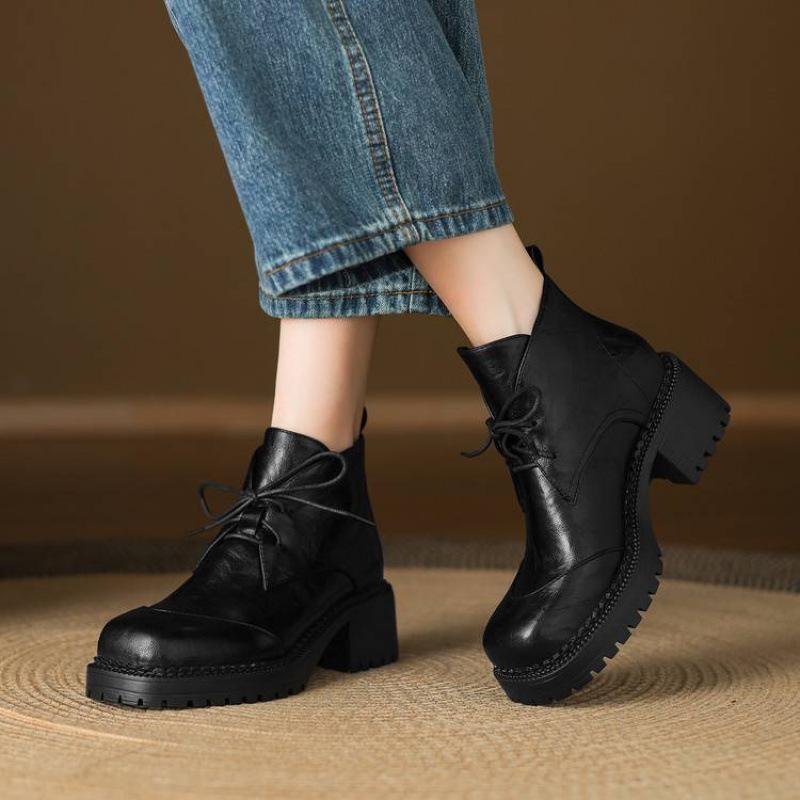 Korean Version of Comfortable High-heeled Large-size Women's Boots Square Head Solid Color Lace-up Square-heeled Medium Boots Autumn and Winter Women