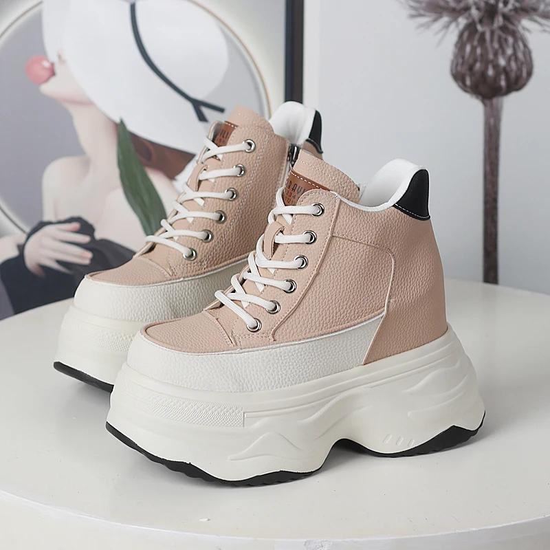 Fashion 12CM British Genuine Leather Ladies Platform Wedge Ankle Winter Plush Booties Autumn Spring High Brand Women Cowboy Shoes