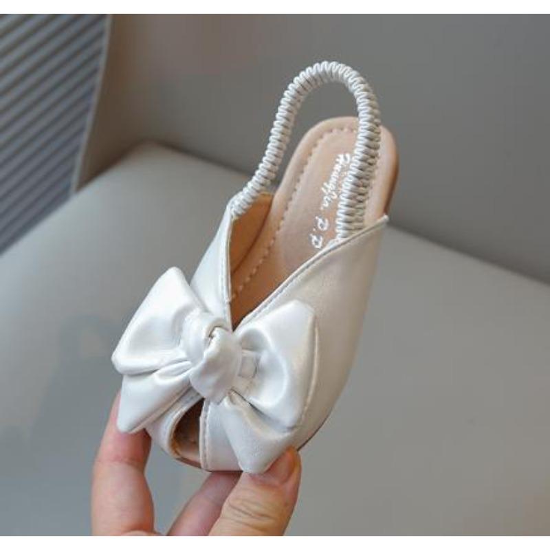 Sandales d'été pour fille Bout ouvert Élastique Argent Beige Claquettes pour enfants Nœud Gracieux Tendance Chaussures pour enfants Plates