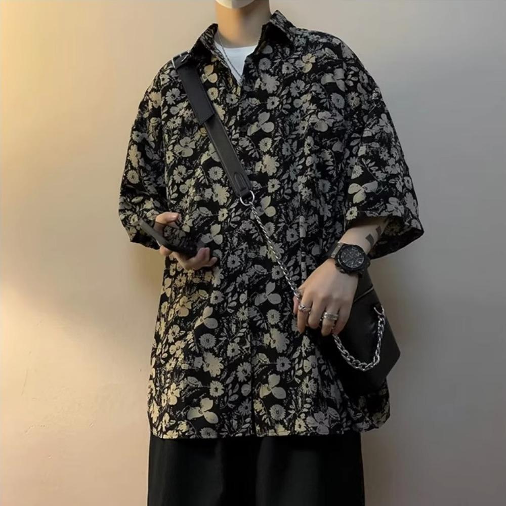 New Summer Loose Retro Hong Kong Style Design Niche Floral Shirt Men's Short-sleeved Handsome Casual