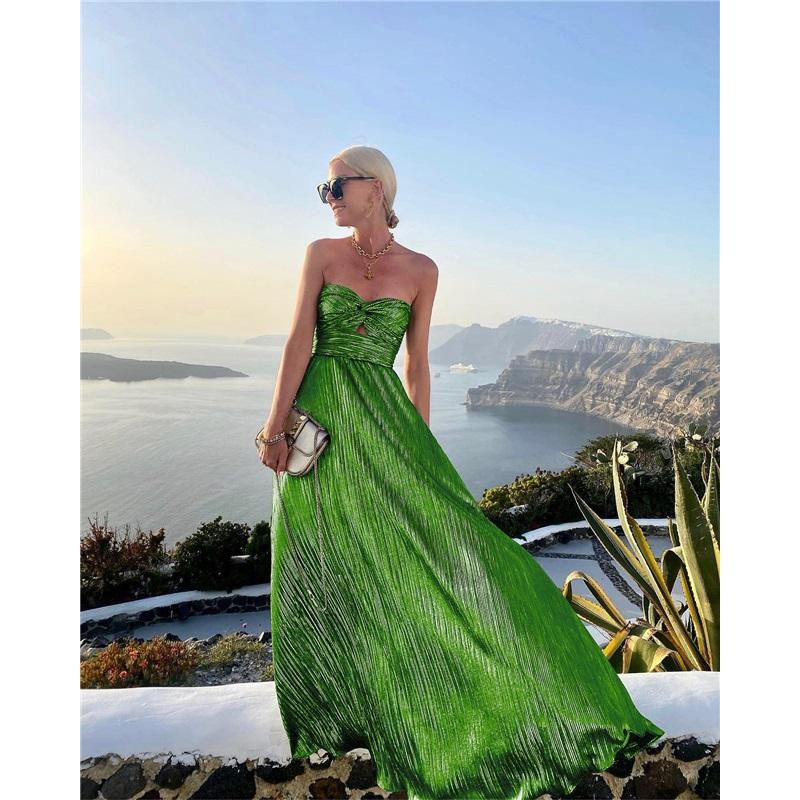 Ladies Summer New Sexy Chest Wrapped Bronzing Party Dress Solid Color Elegant Casual Big Swing Decoration Design Long Skirt