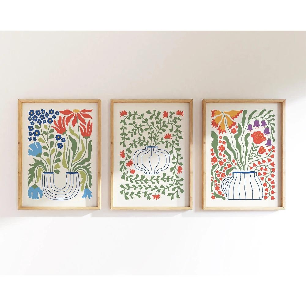 3pcs Bohemian Floral Vase Canvas Wall Art–Vibrant Folk Style Flower Printing for Bright Home Decor, Ideal Housewarming Gifts