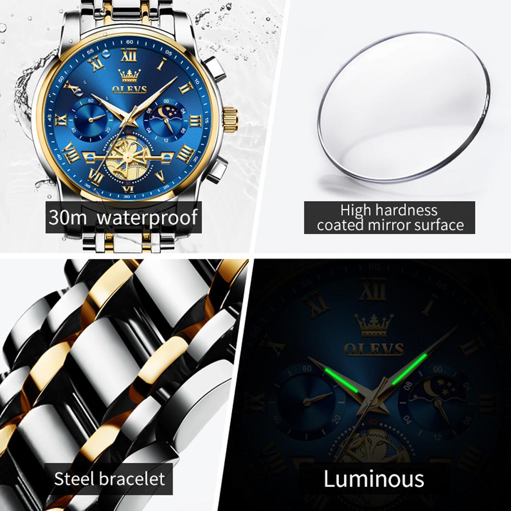OLEVS Men's Watches Tourbillon Style Trend Fashion Original Quartz Wristwatch Waterpoorf Luminous Chronograph Moon Phase