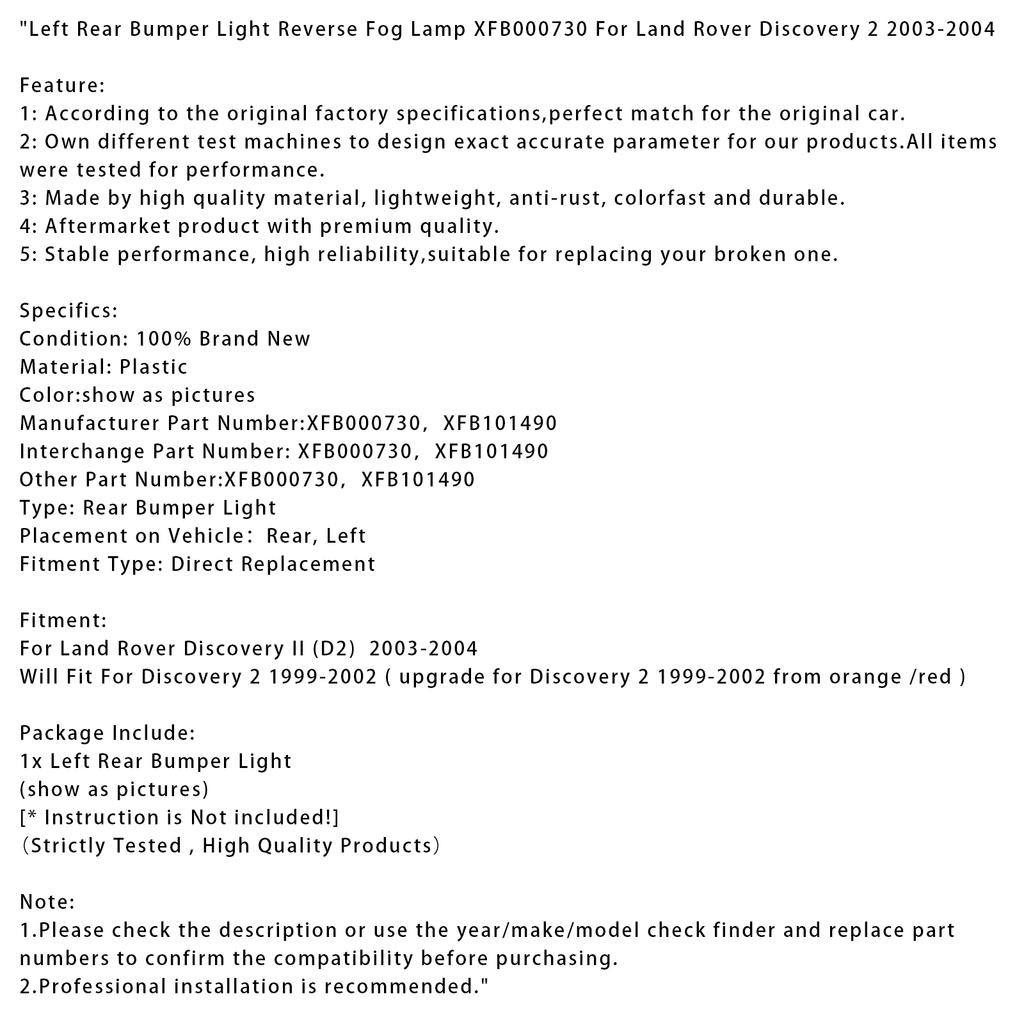 Left Rear Bumper Light Reverse Fog Lamp For Land Rover Discovery 2 2003-2004