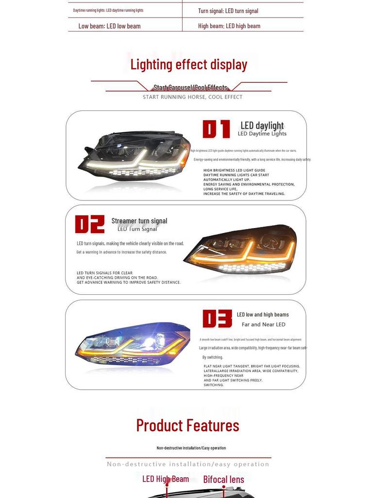 Volkswagen Golf 7 Headlight Assembly (2013-2017) - Starry Sky LED Lens, Daytime Running Lights, Flowing Turn Signals