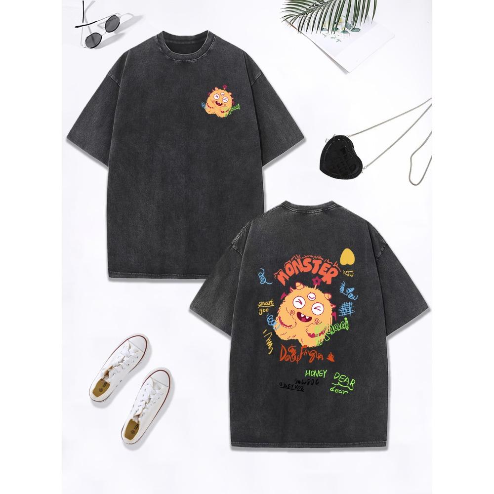 Cute Yellow Plush Little Monster Printing Washed T-Shirt Women Cotton Oversized Tops Distressed O-Neck T Shirt Clothes