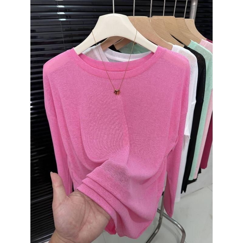 New Ice Silk Cool Tulle Long-sleeved Sunscreen Blouse Women's Fashion Versatile Breathable Solid Color T-shirt Top Summer