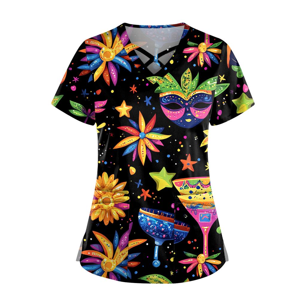 Dam Kortärmad Stagger V-ringad Tryck Ficka Torr-Topp