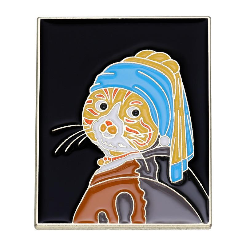 Creative Retro Oil Painting Cat Waves Brooch Charming Alloy Pin For Men And Women