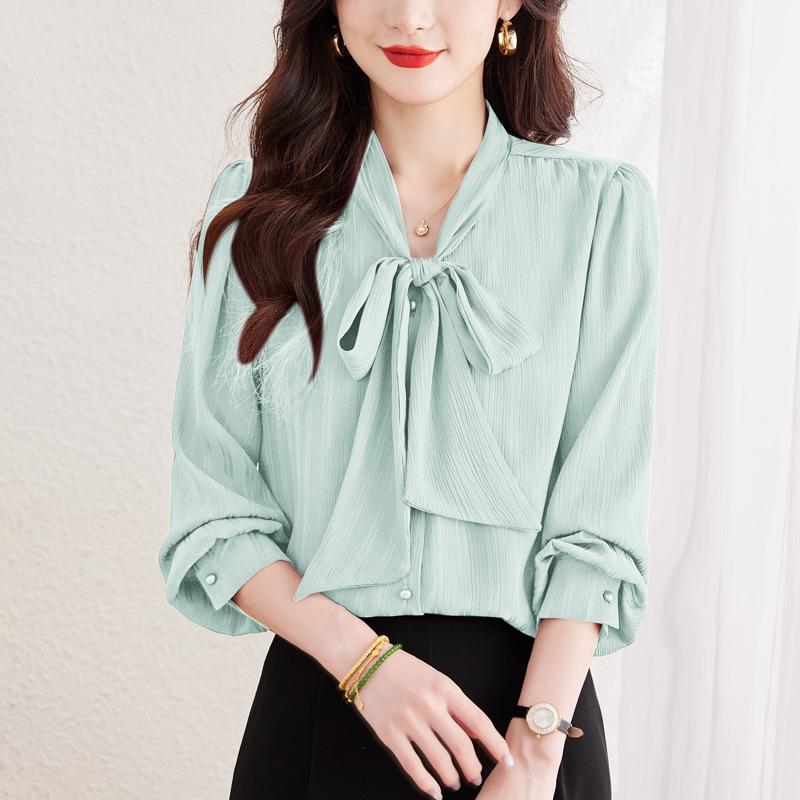 French Design Sense Streamer Shirt Commuting Versatile Temperament Satin Solid Color Shirt Women's Spring Top