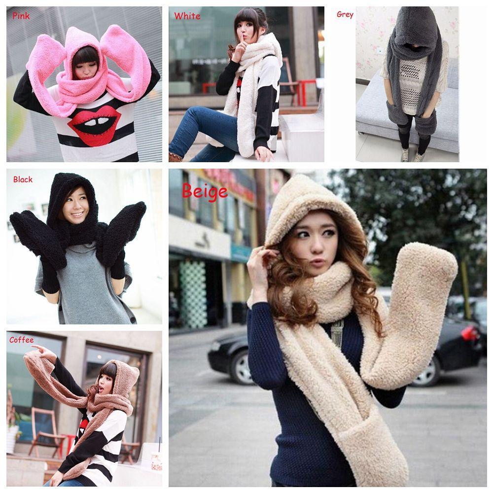 Cute Long Warm Plush Velvet 3 In 1 Hooded Scarf Pocket Gloves Hats