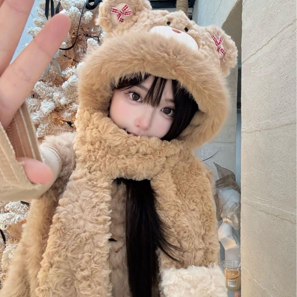 Keep Warm Little Bear Hooded Scarf Windproof Winter Plush Scarf Gloves Scarf Hat Autumn Winter