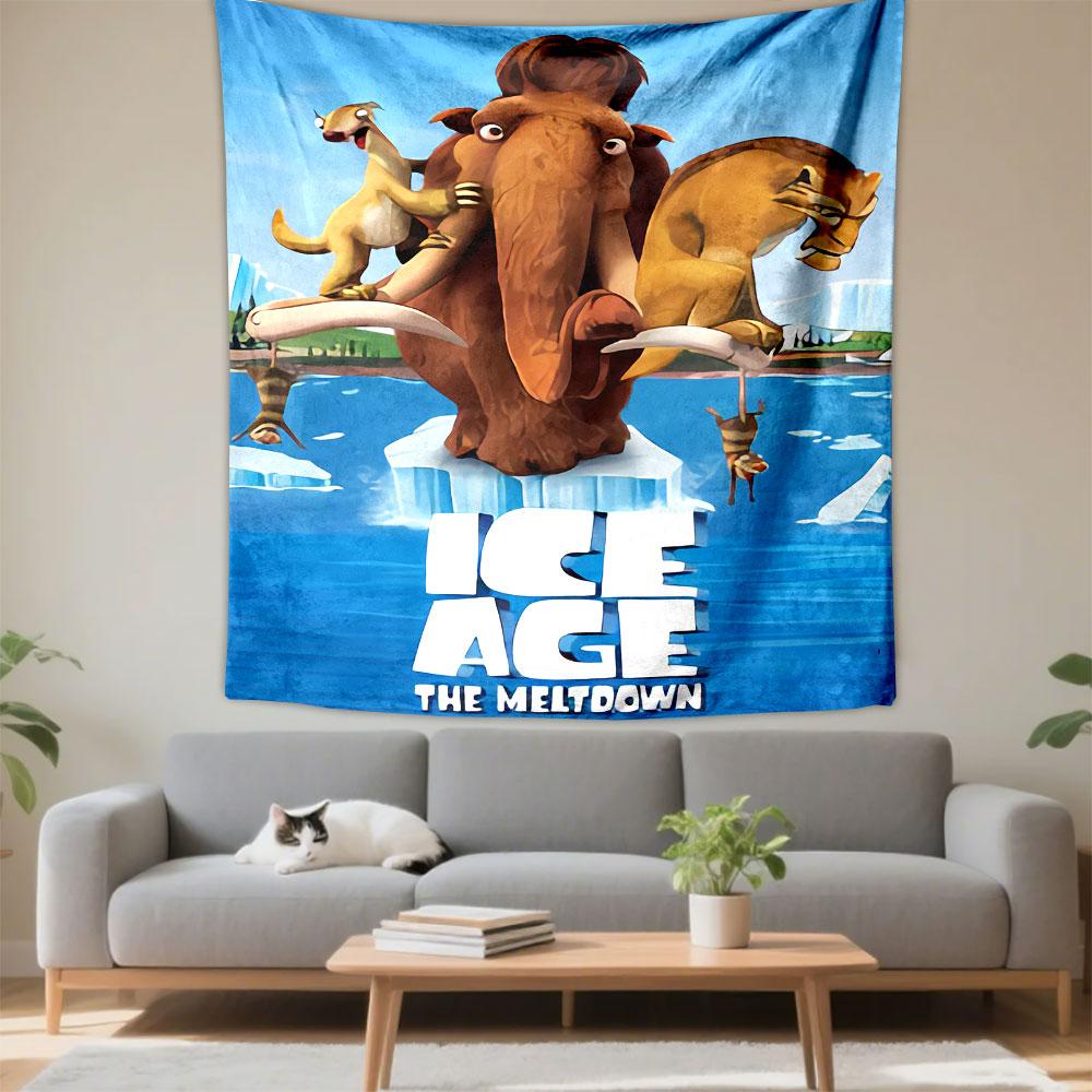 Ice Age The Meltdown Tapestry Wall Hanging, Sid Manny Diego Cartoon Movie Art, Fun Family Wall Decor for Kids Bedroom Playroom