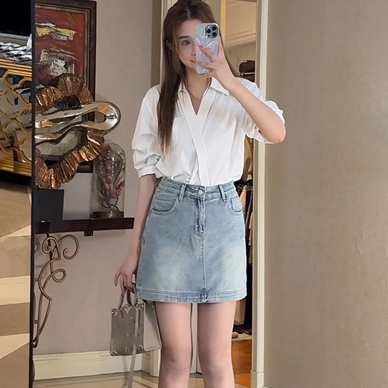 V-neck Short Sleeved Polo Neck White Shirt Women's Commuting Elegant Solid Colour Loose Blouses Thin Top Spring and Summer