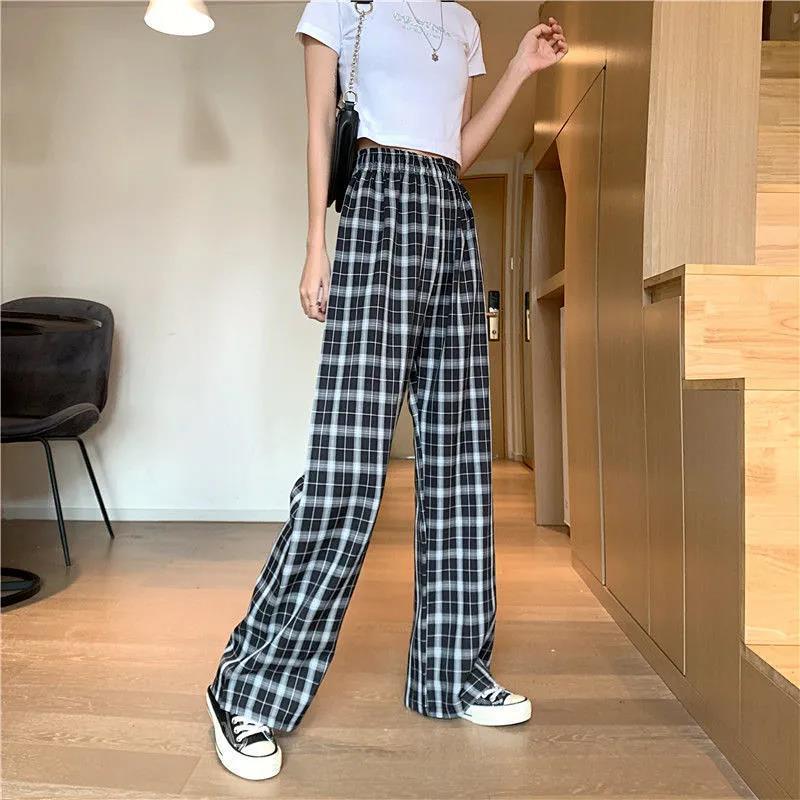 Vintage Plaid Women Pants High Waist Wide Leg Straight Pant Loose Casual Female Trousers Wide Leg Pant Fashion