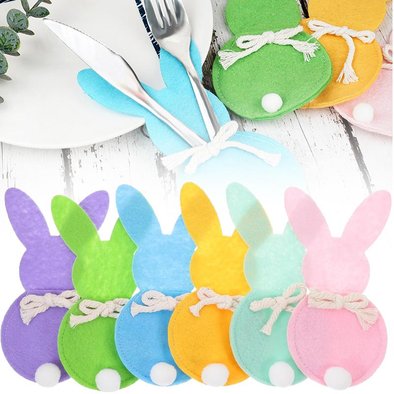 6PCS/Set Easter Bunny Felt Cutlery Holder Bag Tableware Knife Fork Cover Bag Party Accessories Happy Easter Party Decorations