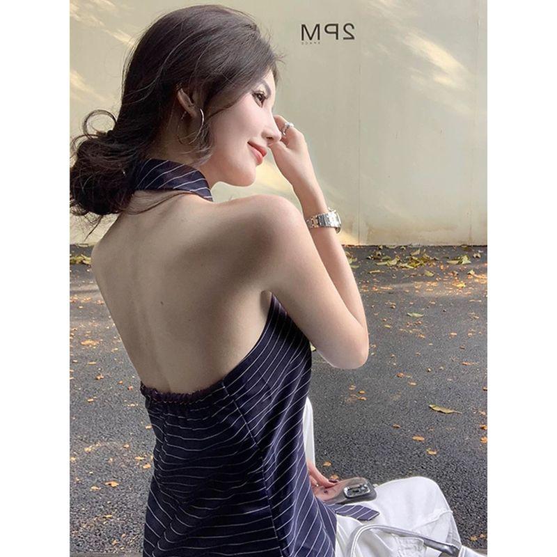 Sexy Stylish Silm Slim Fit Tube Top Tops Women's Pure Desire Style Sexy Open Back Asymmetrical Stripes Halterneck Vest