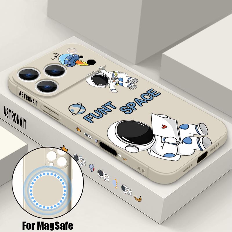 Cartoon Astonaut Planet Pattern Case For iPhone 16 Pro Max Magnetic For Magsafe Soft Cover For iPhone 17 15 14 13 Pro Max 17E 16E