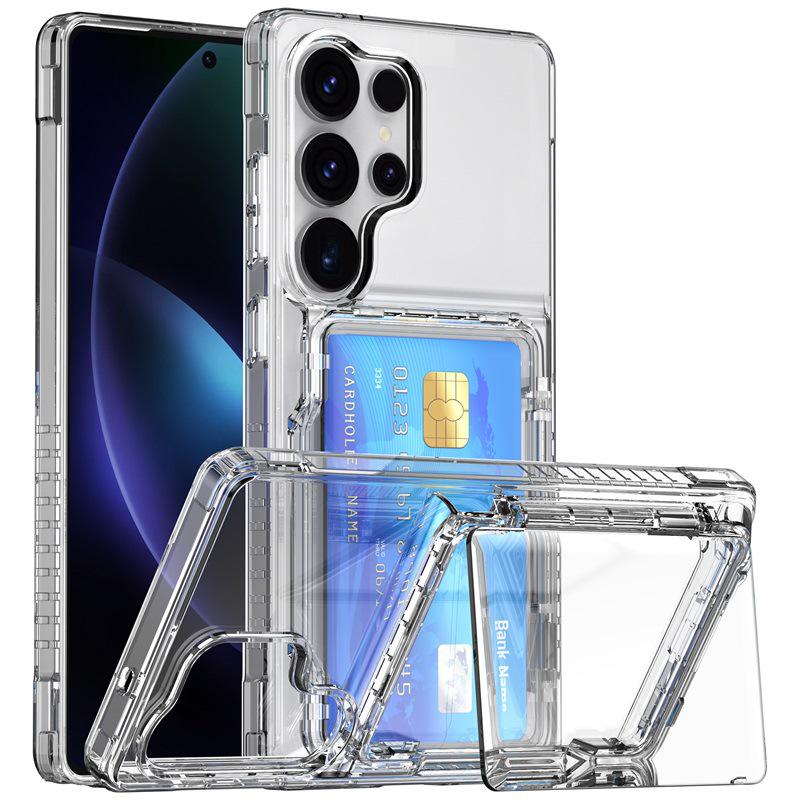 Samsung Galaxy S25 Ultra Transparent Flip Phone Case with Card Holder and Drop-proof Protection.