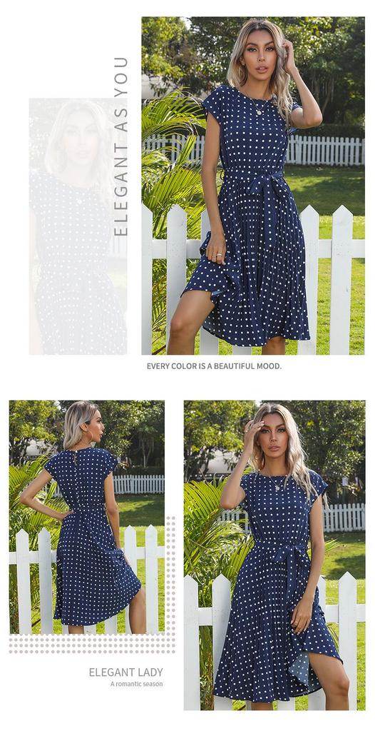 Women's Summer Polka Dot Round Neck Midi Dress with Retro Pleated Skirt