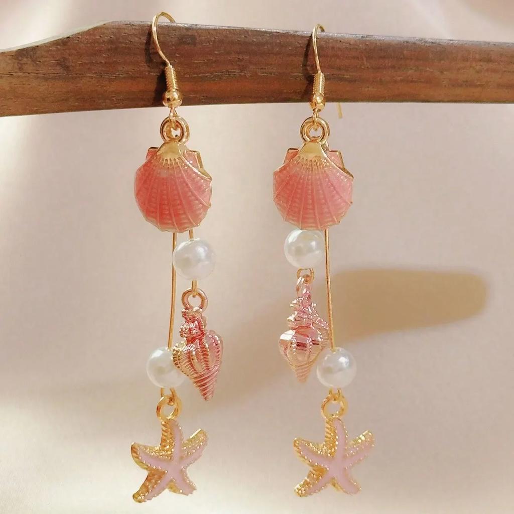 Boho Starfish Scallop Metal Long Tassel Earrings Women Summer Beach Vacation Gold Color Jellyfish Shiny Crystal Earrings