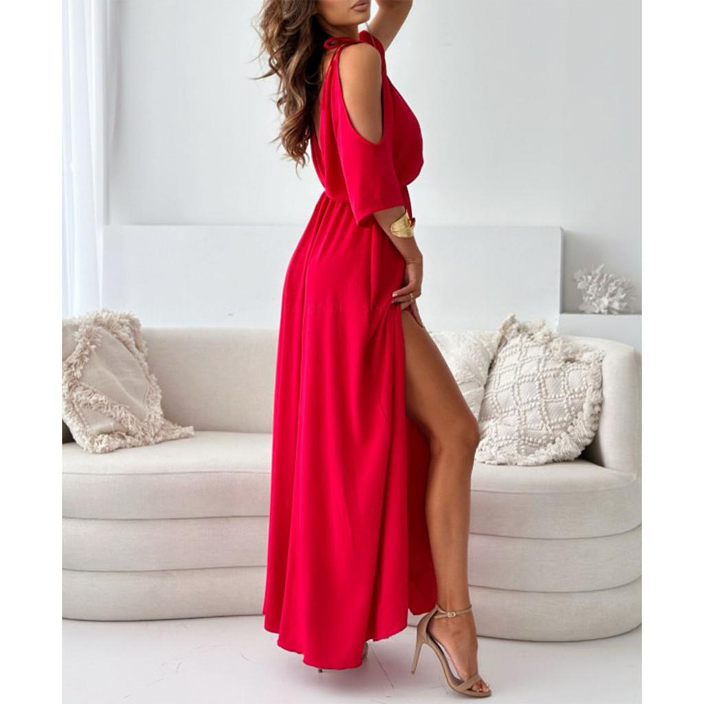 Damska modna sukienka z krótkim rękawem i dekoltem w serek w jednolitym kolorze