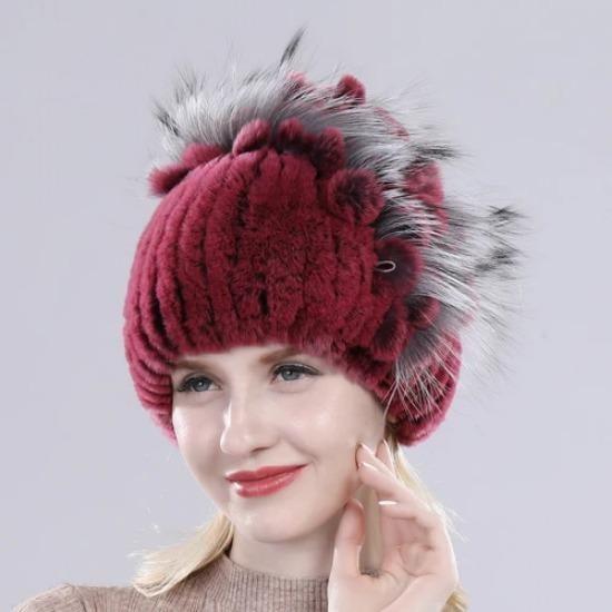 Brand Women Genuine Rex Rabbit Fur Hats Winter Rex Rabbit Fur Beanies Striped Top Flower Fox Fur Warm Real Fur Knit Caps