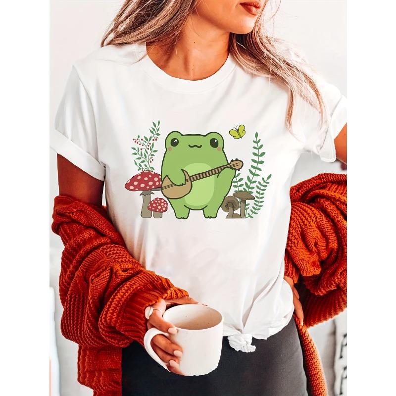 

Милая футболка с принтом лягушки, с круглым вырезом, короткий рукав, повседневный топ для лета и весны, женская одежда S белый