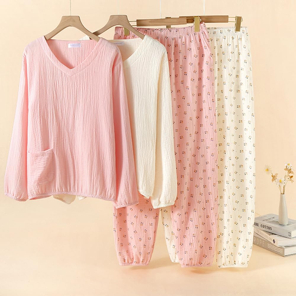 Marshmallow Double Comfortable Loungewear Salmon Women's Spring/Summer Pajamas, 100% Cotton, Gauze, V-Neck, Moisture-Wicking, Quick-Drying, Sleepwear,