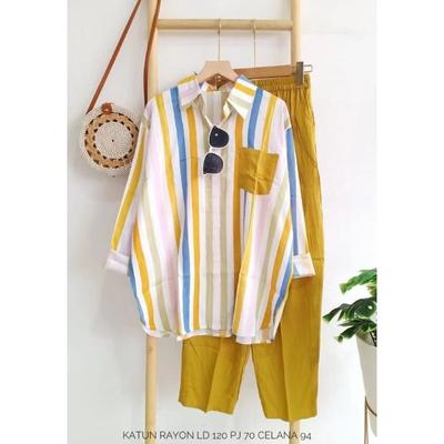 Women's Spring and Summer Plus Size 5XL Thin Lapel Button Down Shirt + Elastic Waist Trousers Striped Two-piece Set